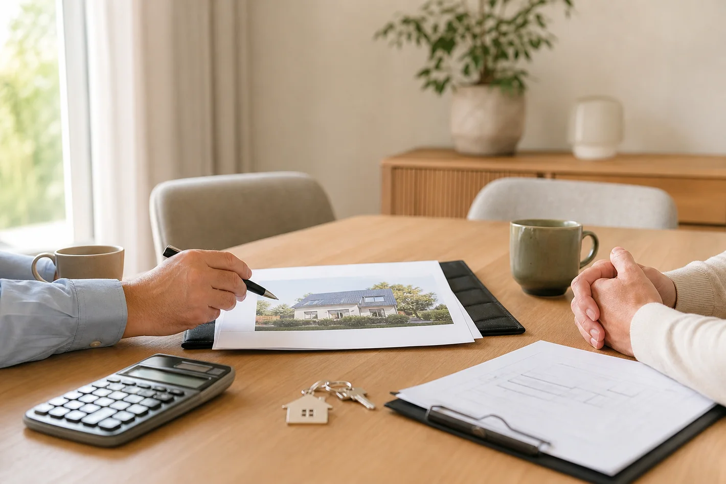 Overleg aan tafel over de woningwaarde bij uitkoop na scheiding.